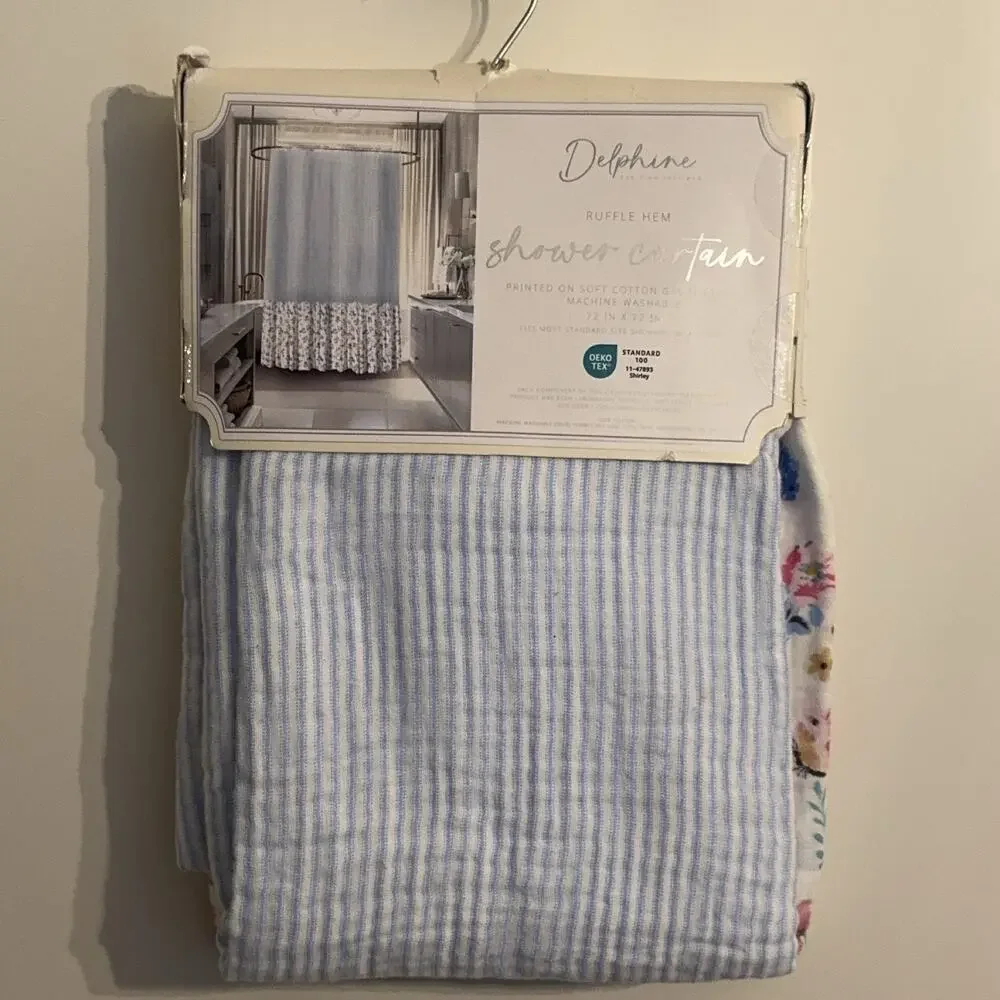 Cotton Gauze Shower Curtain 72x72 White Blue Floral Butterfly Ruffle Hem cottage